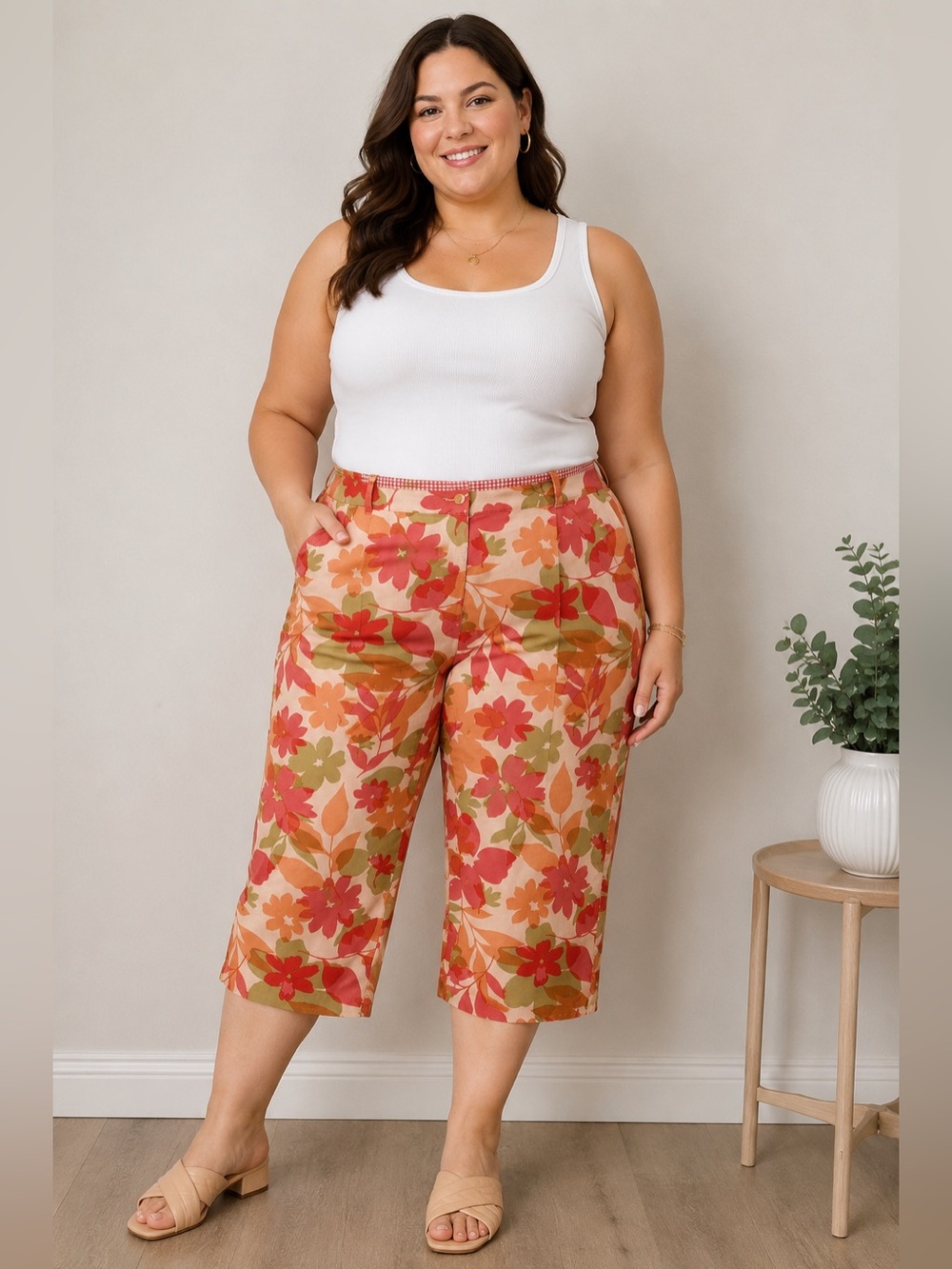 Liz Claiborne Woman Floral Capri Pants Size 18W Cropped Wide Leg Colorful